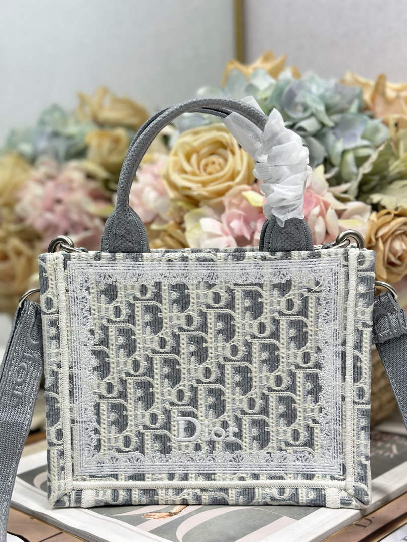 Mini Dior Book Tote – Gray Dior Oblique Embroidery & White Lace - S5584