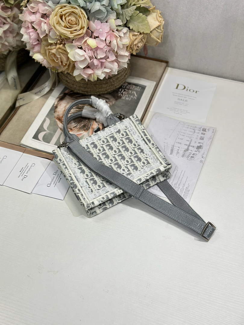 Mini Dior Book Tote – Gray Dior Oblique Embroidery & White Lace - S5584