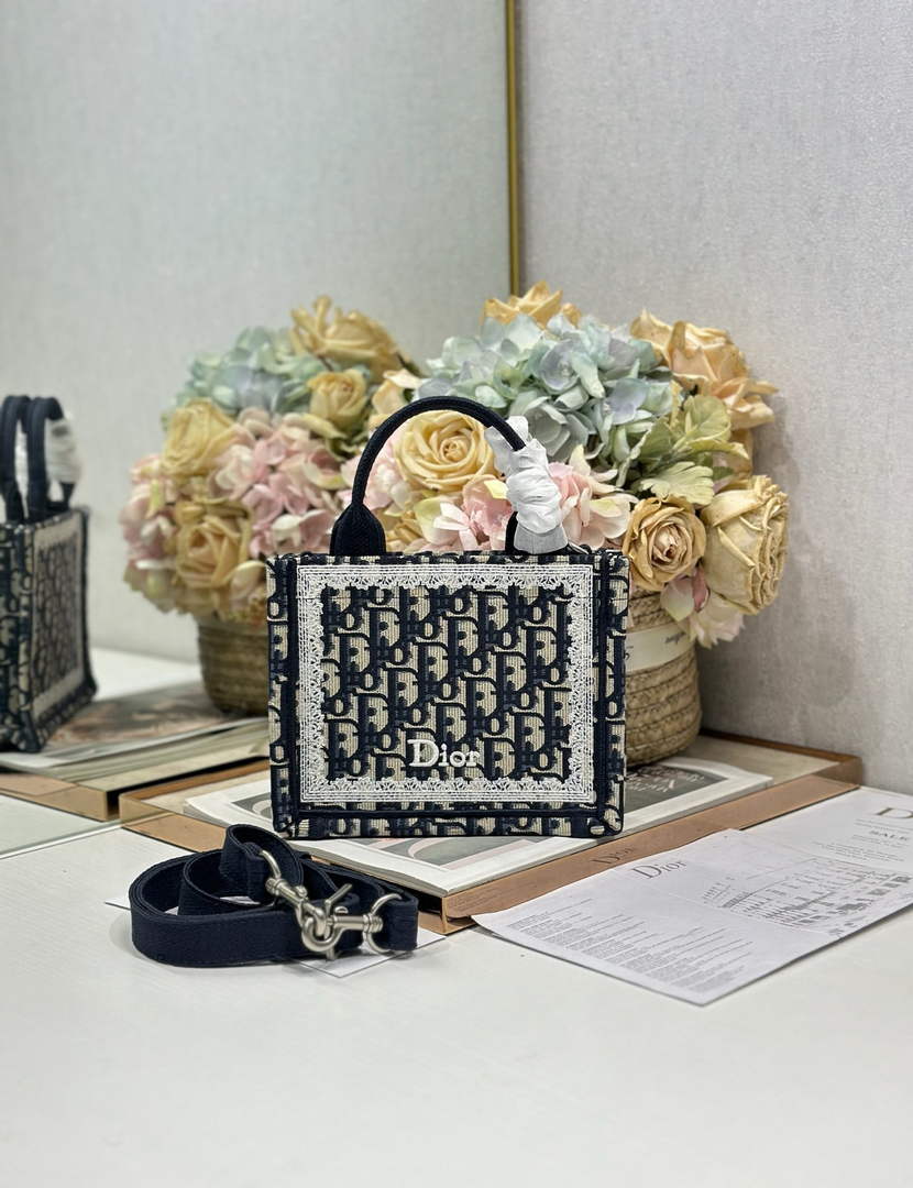 Mini Dior Book Tote – Blue Dior Oblique Embroidery & White Lace - S5584