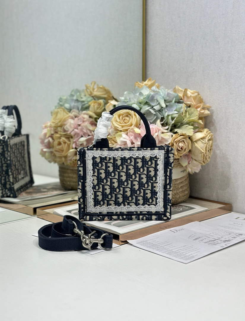 Mini Dior Book Tote – Blue Dior Oblique Embroidery & White Lace - S5584