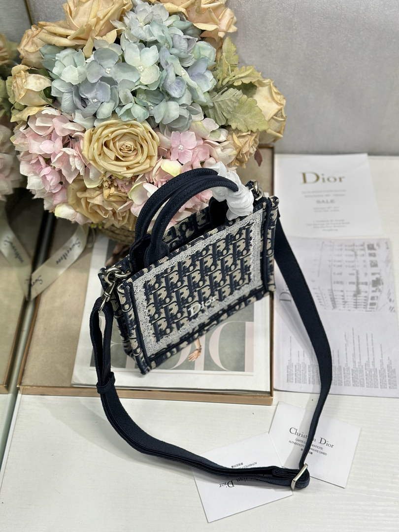 Mini Dior Book Tote – Blue Dior Oblique Embroidery & White Lace - S5584
