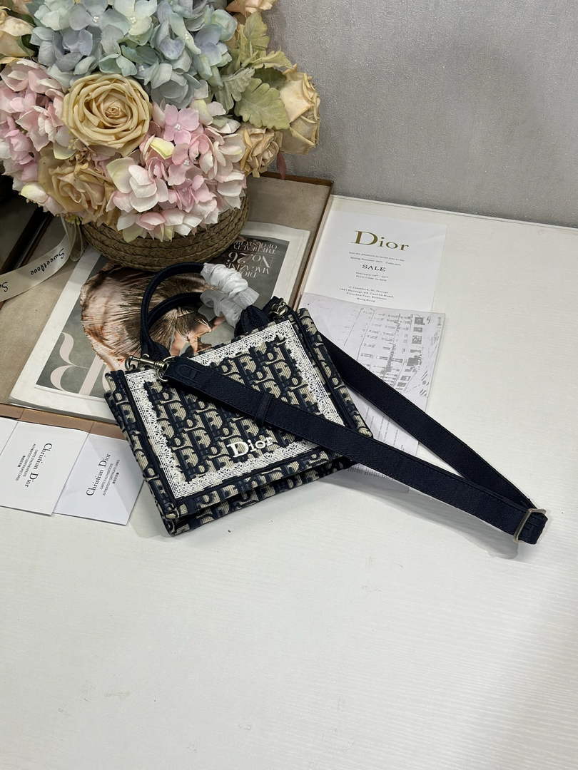 Mini Dior Book Tote – Blue Dior Oblique Embroidery & White Lace - S5584