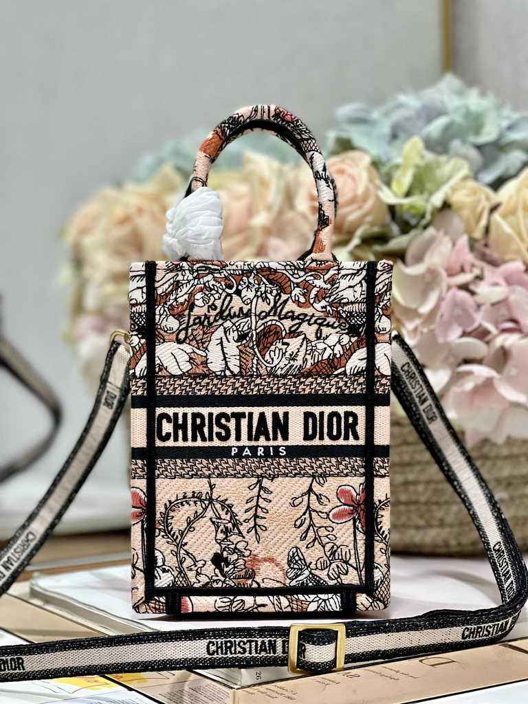 Mini Dior Book Tote Phone Bag S5555 Powder Pink Jardin Magique Embroidery