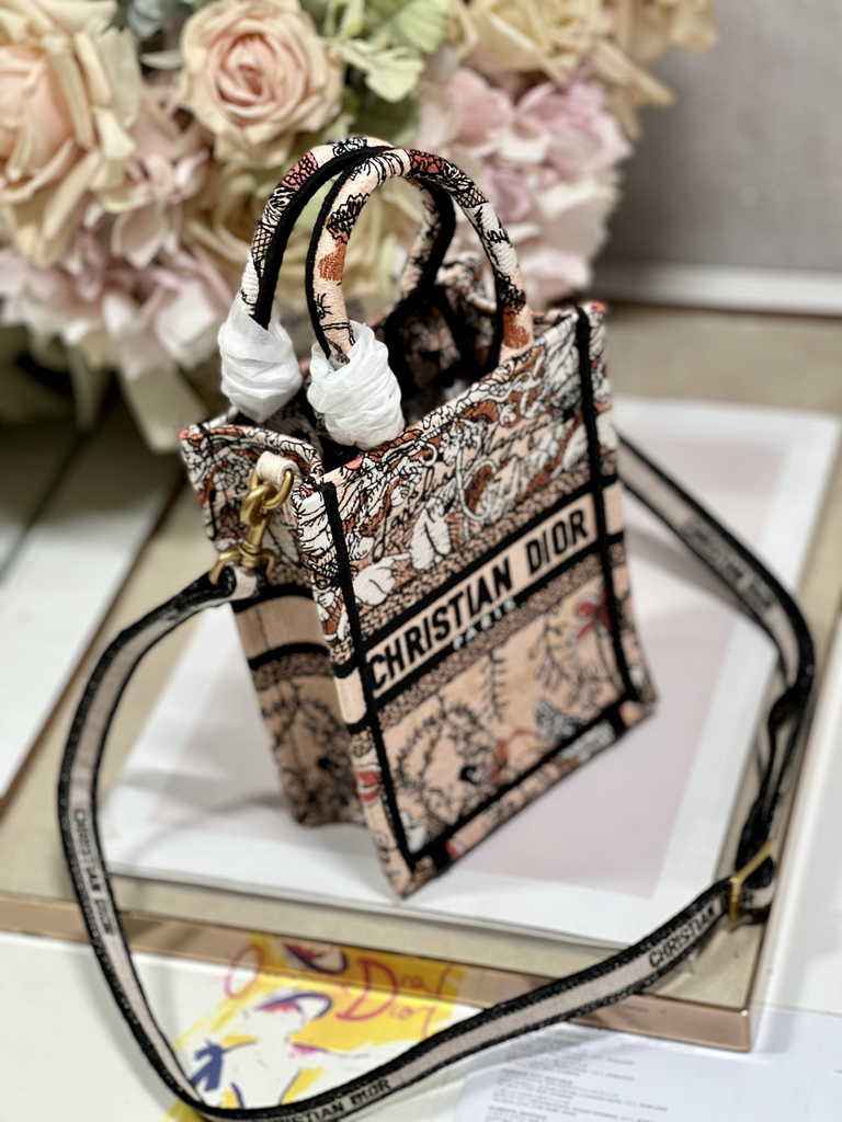 Mini Dior Book Tote Phone Bag S5555 Powder Pink Jardin Magique Embroidery