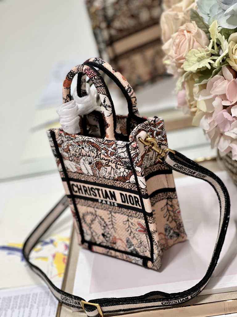 Mini Dior Book Tote Phone Bag S5555 Powder Pink Jardin Magique Embroidery