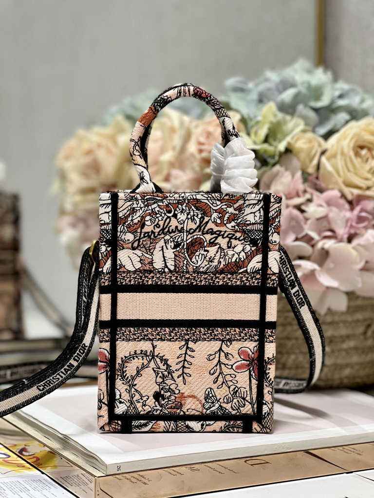 Mini Dior Book Tote Phone Bag S5555 Powder Pink Jardin Magique Embroidery