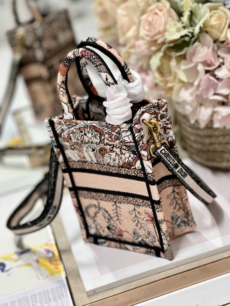 Mini Dior Book Tote Phone Bag S5555 Powder Pink Jardin Magique Embroidery