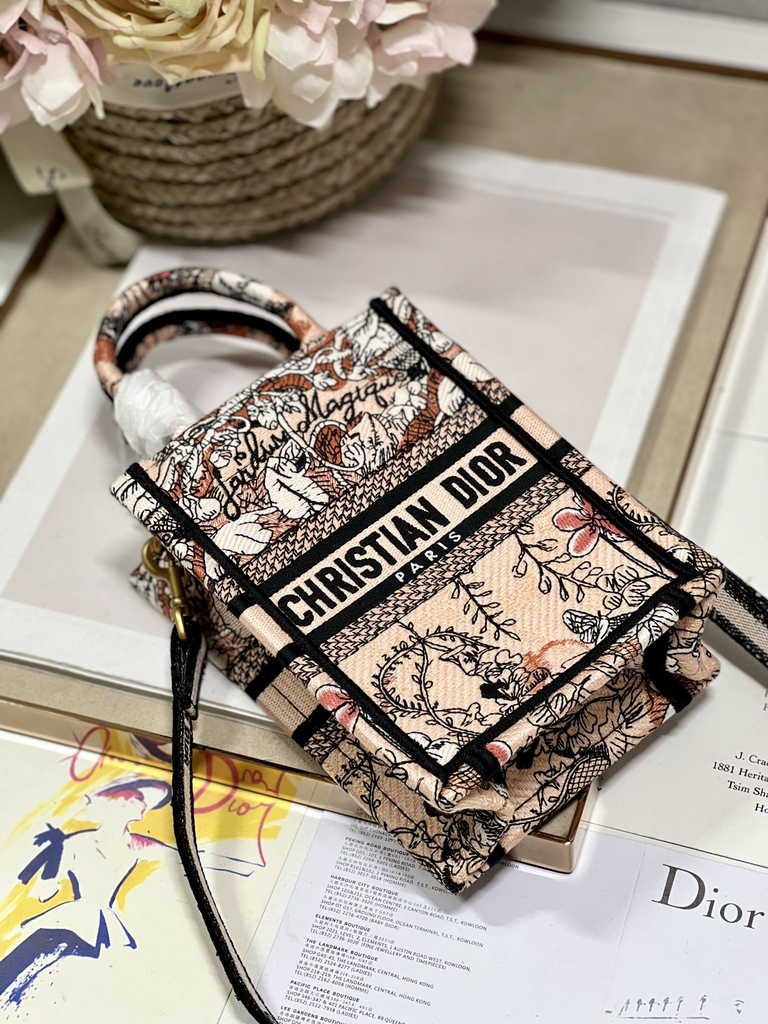 Mini Dior Book Tote Phone Bag S5555 Powder Pink Jardin Magique Embroidery