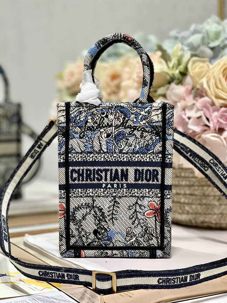 Mini Dior Book Tote Phone Bag S5555 Powder Blue Jardin Magique Embroidery
