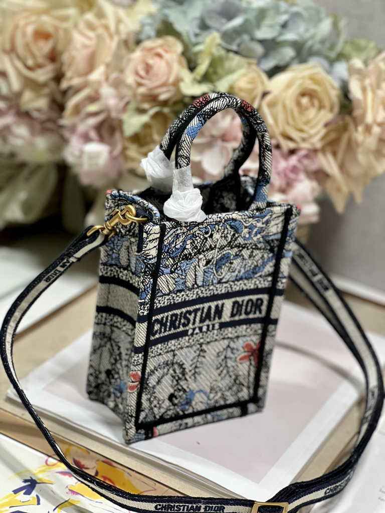 Mini Dior Book Tote Phone Bag S5555 Powder Blue Jardin Magique Embroidery