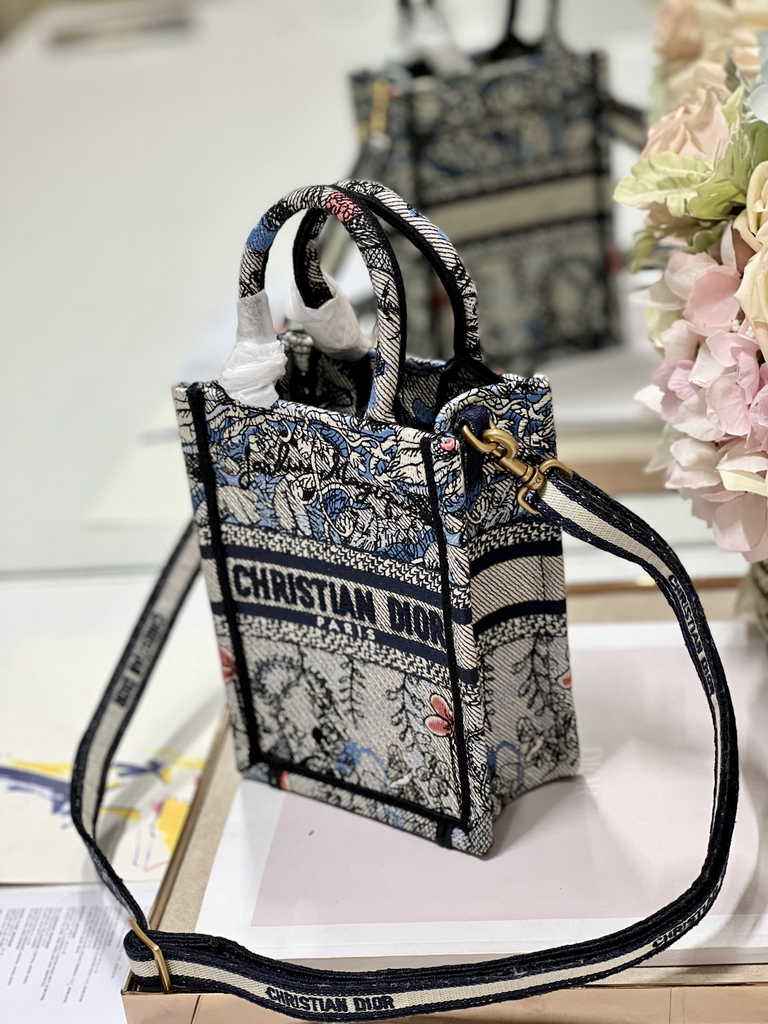 Mini Dior Book Tote Phone Bag S5555 Powder Blue Jardin Magique Embroidery