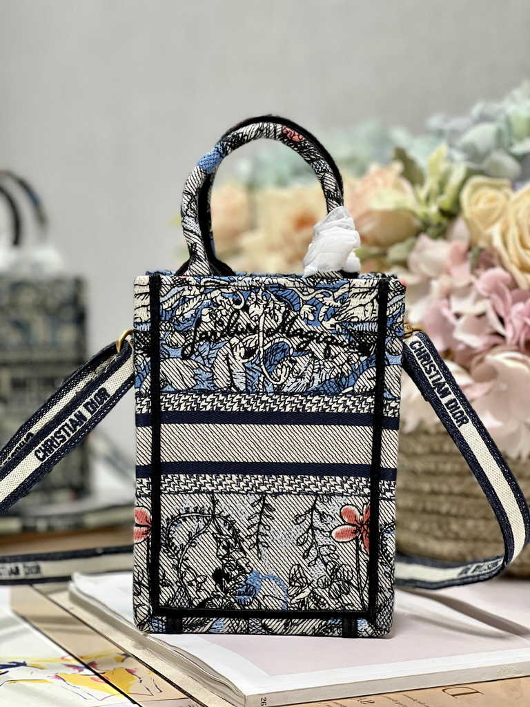 Mini Dior Book Tote Phone Bag S5555 Powder Blue Jardin Magique Embroidery