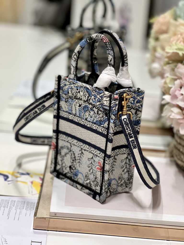 Mini Dior Book Tote Phone Bag S5555 Powder Blue Jardin Magique Embroidery