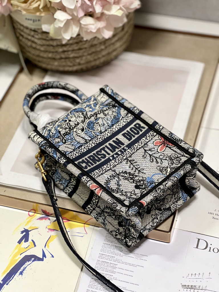 Mini Dior Book Tote Phone Bag S5555 Powder Blue Jardin Magique Embroidery