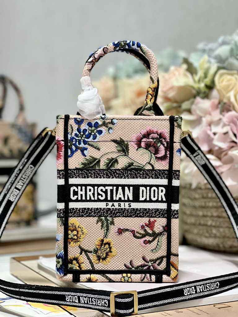 Mini Dior Book Tote Phone Bag S5555 Pink Multicolor Raffia Petites Fleurs