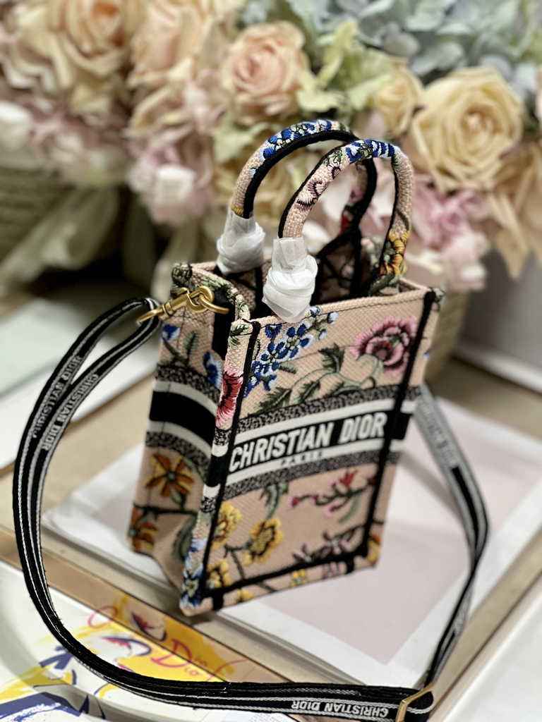 Mini Dior Book Tote Phone Bag S5555 Pink Multicolor Raffia Petites Fleurs