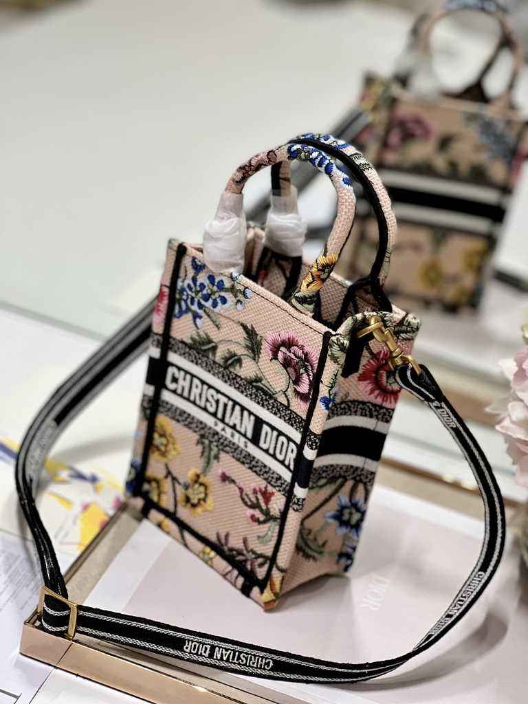 Mini Dior Book Tote Phone Bag S5555 Pink Multicolor Raffia Petites Fleurs