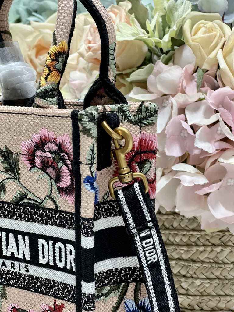 Mini Dior Book Tote Phone Bag S5555 Pink Multicolor Raffia Petites Fleurs