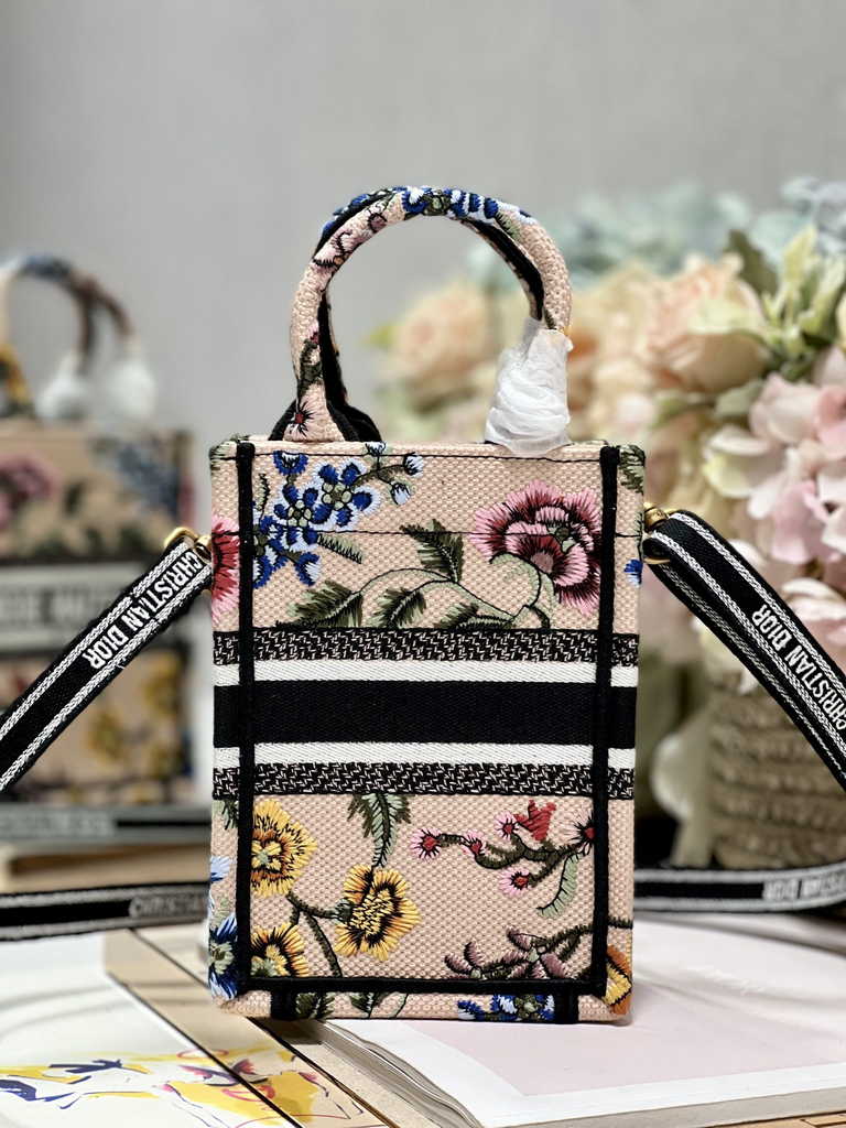 Mini Dior Book Tote Phone Bag S5555 Pink Multicolor Raffia Petites Fleurs