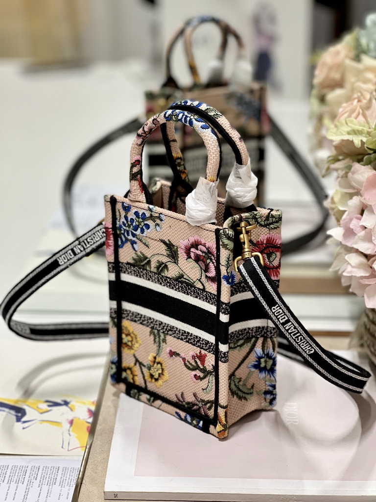 Mini Dior Book Tote Phone Bag S5555 Pink Multicolor Raffia Petites Fleurs