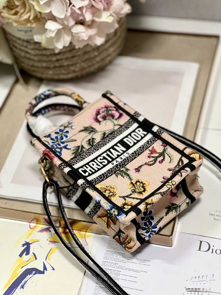 Mini Dior Book Tote Phone Bag S5555 Pink Multicolor Raffia Petites Fleurs