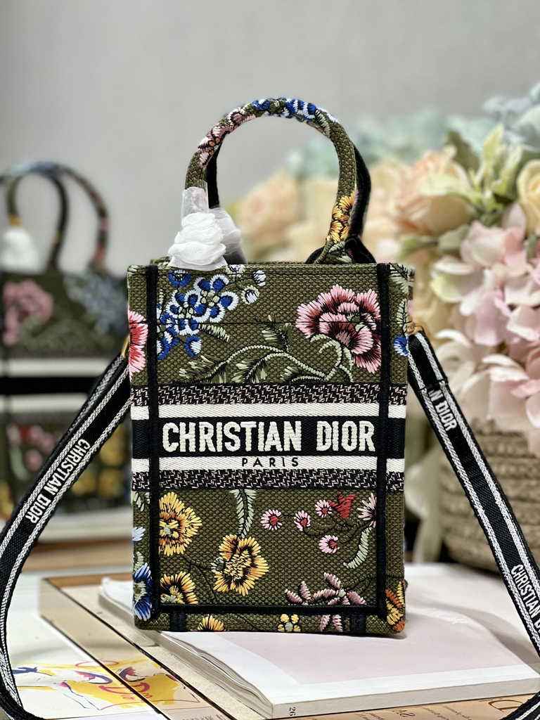 Mini Dior Book Tote Phone Bag S5555 Green Multicolor Raffia Petites Fleurs