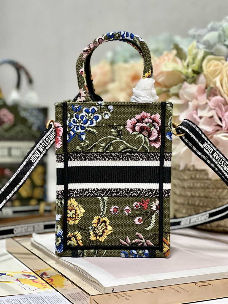 Mini Dior Book Tote Phone Bag S5555 Green Multicolor Raffia Petites Fleurs