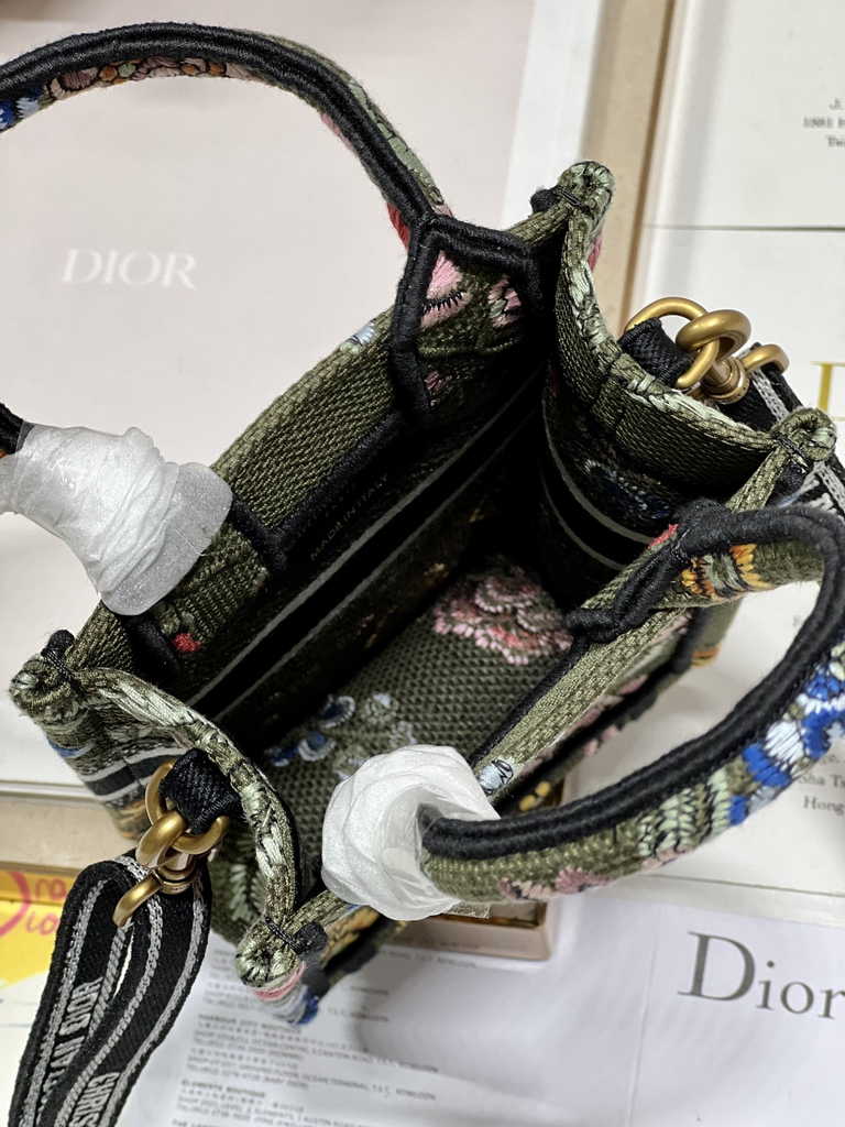Mini Dior Book Tote Phone Bag S5555 Green Multicolor Raffia Petites Fleurs