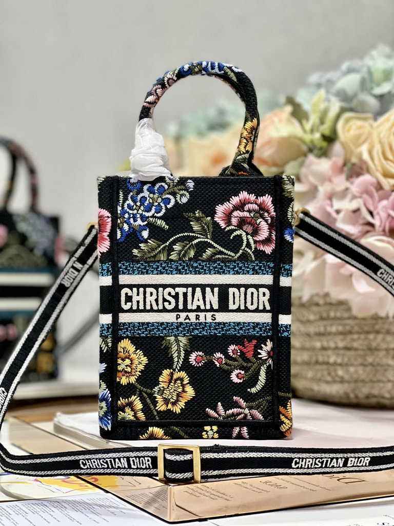 Mini Dior Book Tote Phone Bag S5555 Black Multicolor Raffia Petites Fleurs