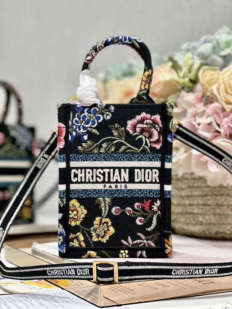 Mini Dior Book Tote Phone Bag S5555 Black Multicolor Raffia Petites Fleurs - Default Title - View 1