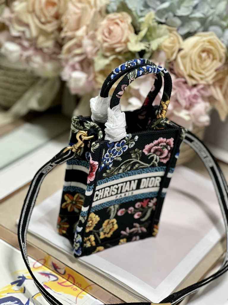 Mini Dior Book Tote Phone Bag S5555 Black Multicolor Raffia Petites Fleurs