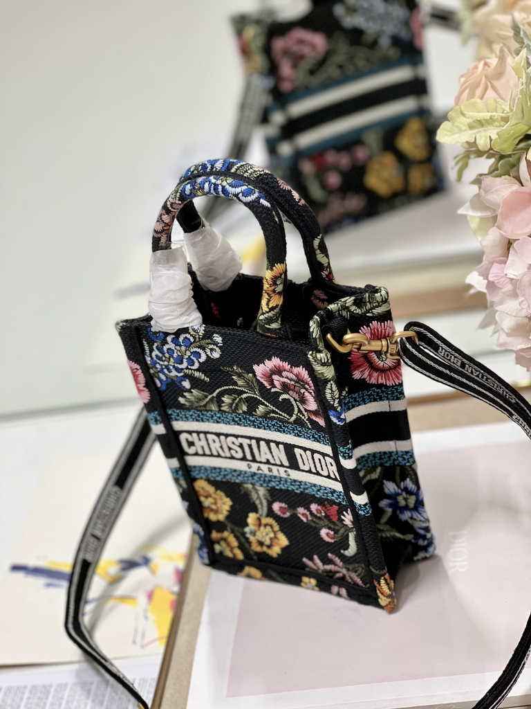 Mini Dior Book Tote Phone Bag S5555 Black Multicolor Raffia Petites Fleurs