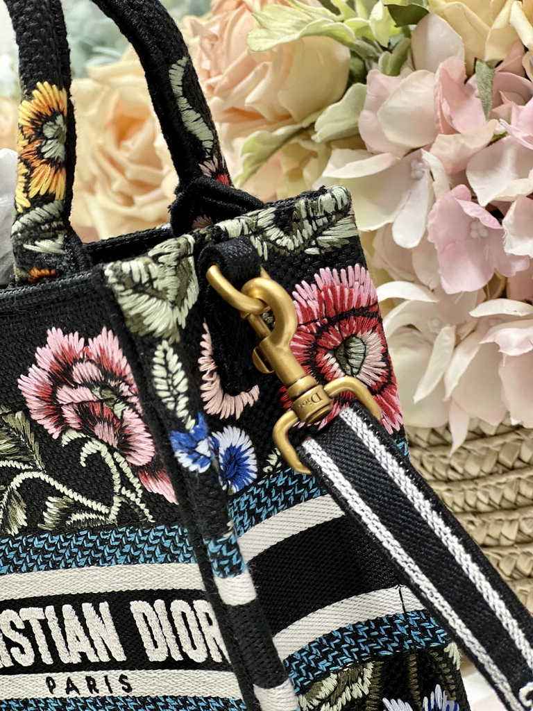 Mini Dior Book Tote Phone Bag S5555 Black Multicolor Raffia Petites Fleurs