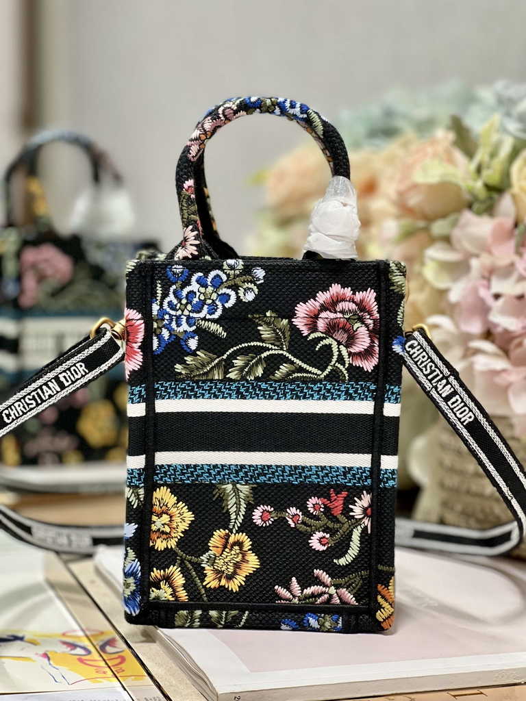 Mini Dior Book Tote Phone Bag S5555 Black Multicolor Raffia Petites Fleurs