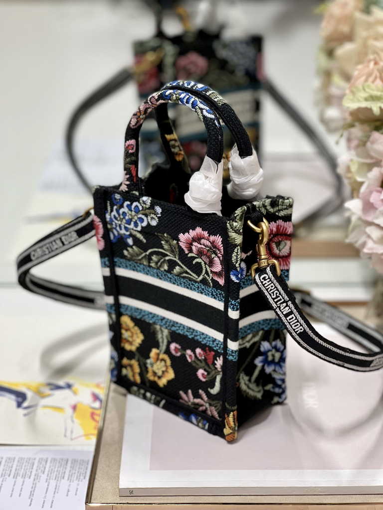 Mini Dior Book Tote Phone Bag S5555 Black Multicolor Raffia Petites Fleurs