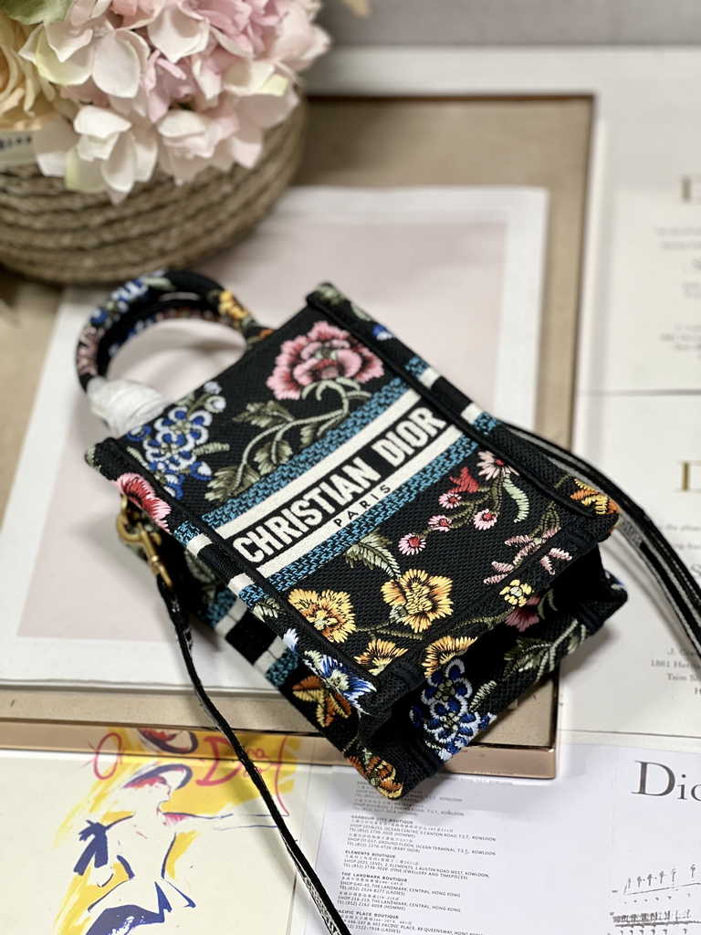 Mini Dior Book Tote Phone Bag S5555 Black Multicolor Raffia Petites Fleurs