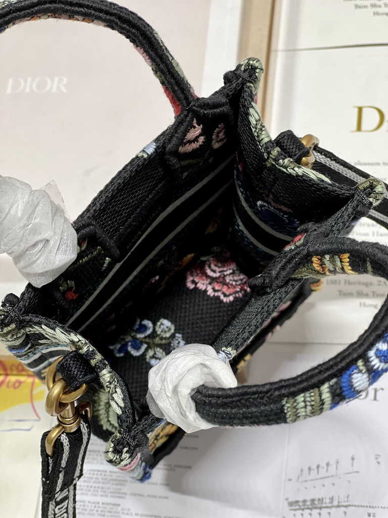 Mini Dior Book Tote Phone Bag S5555 Black Multicolor Raffia Petites Fleurs