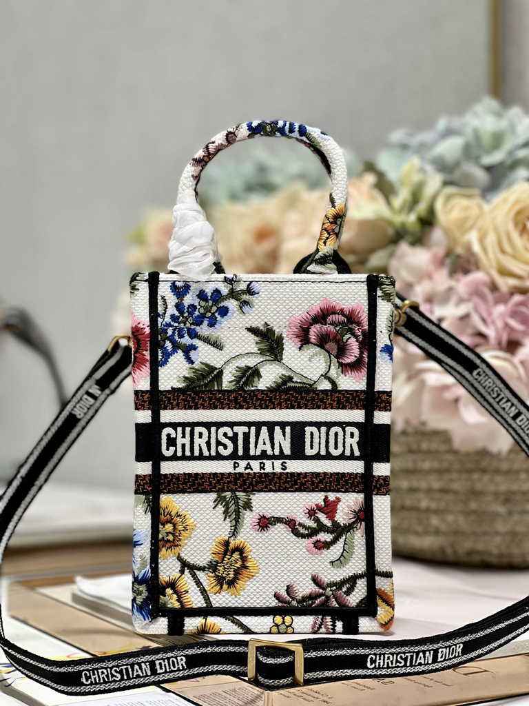 Mini Dior Book Tote Phone Bag S5555 White Multicolor Raffia Petites Fleurs