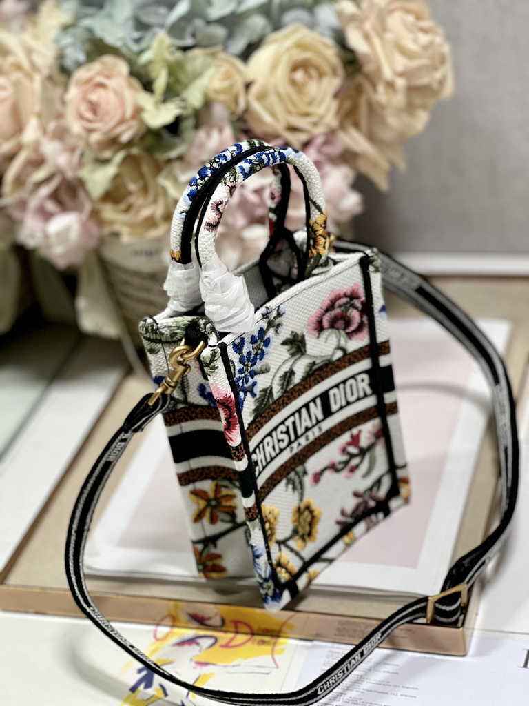 Mini Dior Book Tote Phone Bag S5555 White Multicolor Raffia Petites Fleurs