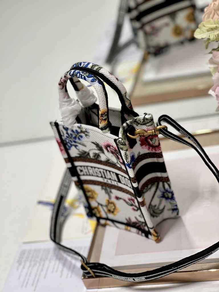 Mini Dior Book Tote Phone Bag S5555 White Multicolor Raffia Petites Fleurs