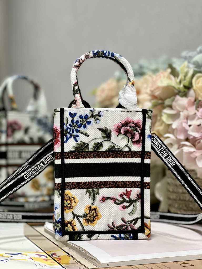 Mini Dior Book Tote Phone Bag S5555 White Multicolor Raffia Petites Fleurs
