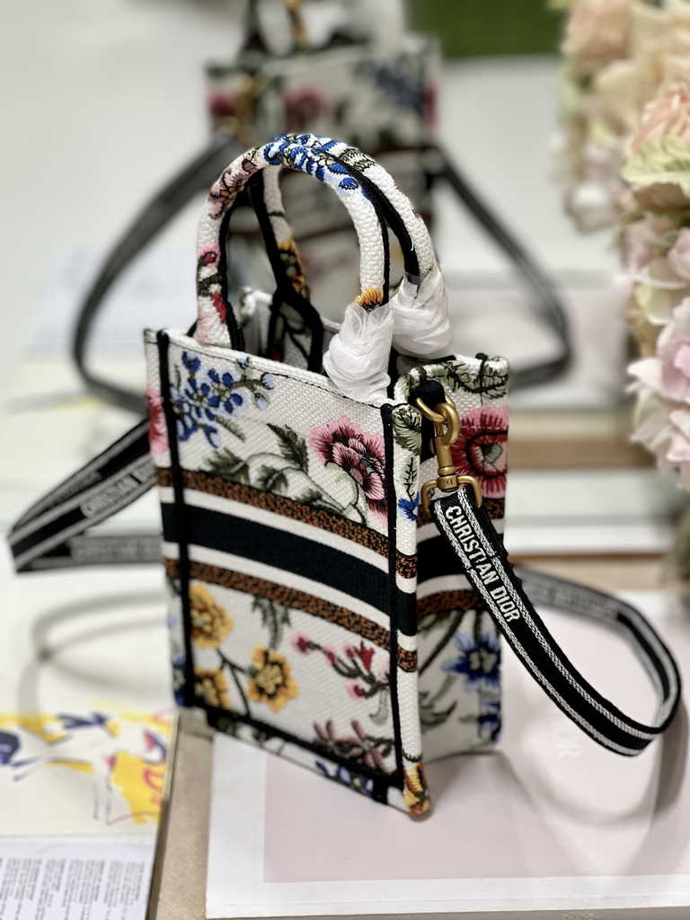 Mini Dior Book Tote Phone Bag S5555 White Multicolor Raffia Petites Fleurs