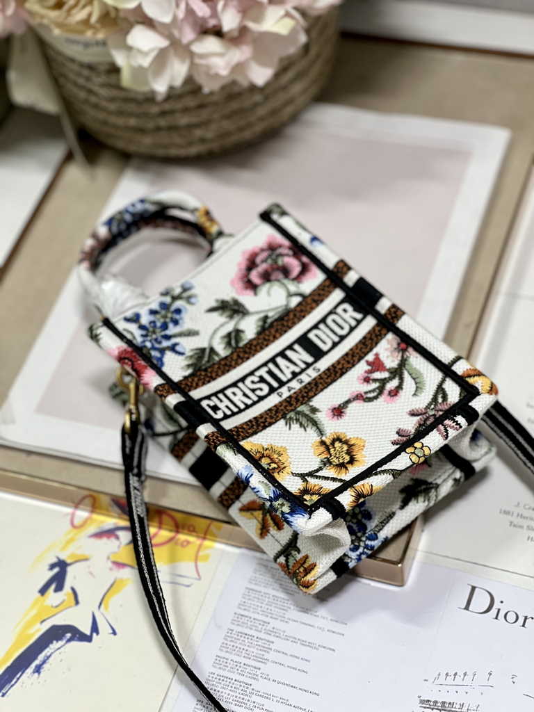 Mini Dior Book Tote Phone Bag S5555 White Multicolor Raffia Petites Fleurs