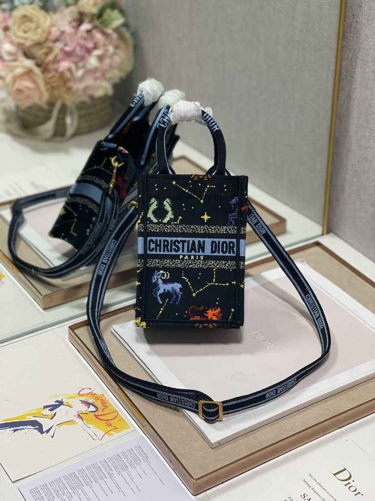 Mini Dior Book Tote Phone Bag S5555 Black Multicolor