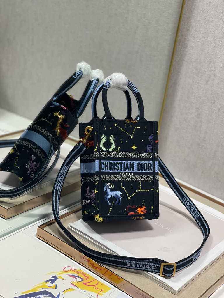 Mini Dior Book Tote Phone Bag S5555 Black Multicolor