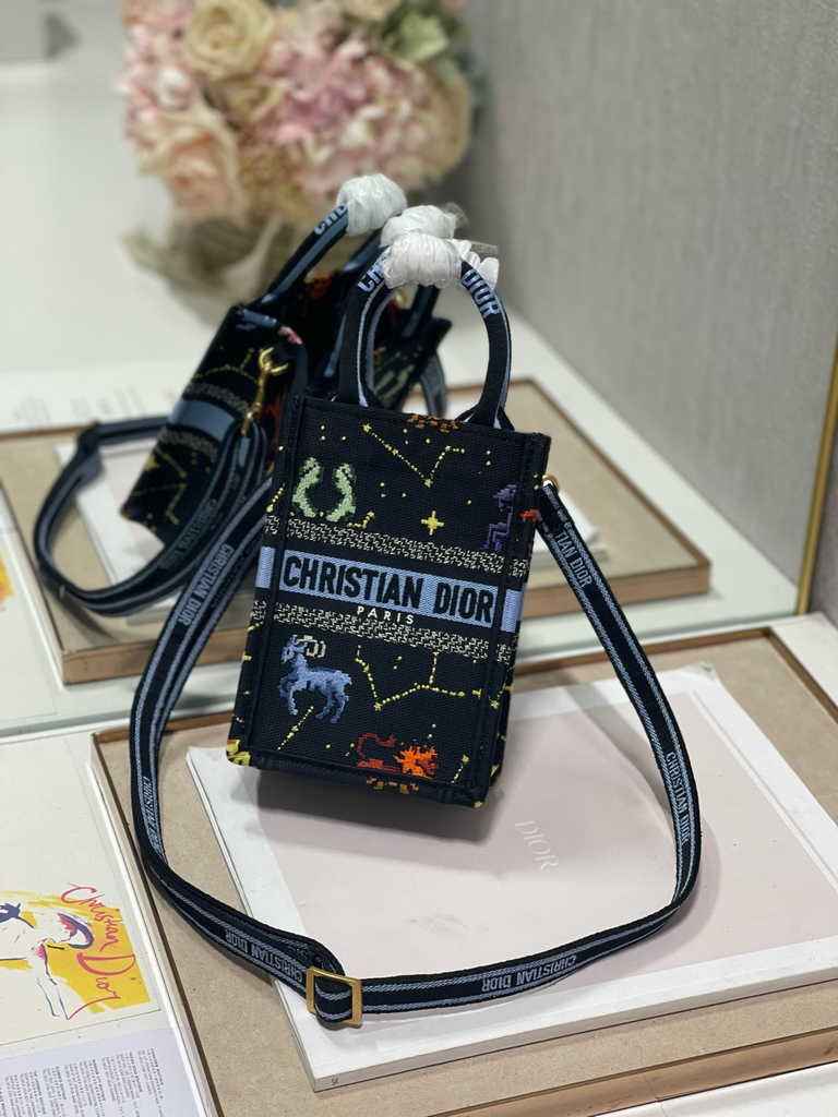 Mini Dior Book Tote Phone Bag S5555 Black Multicolor