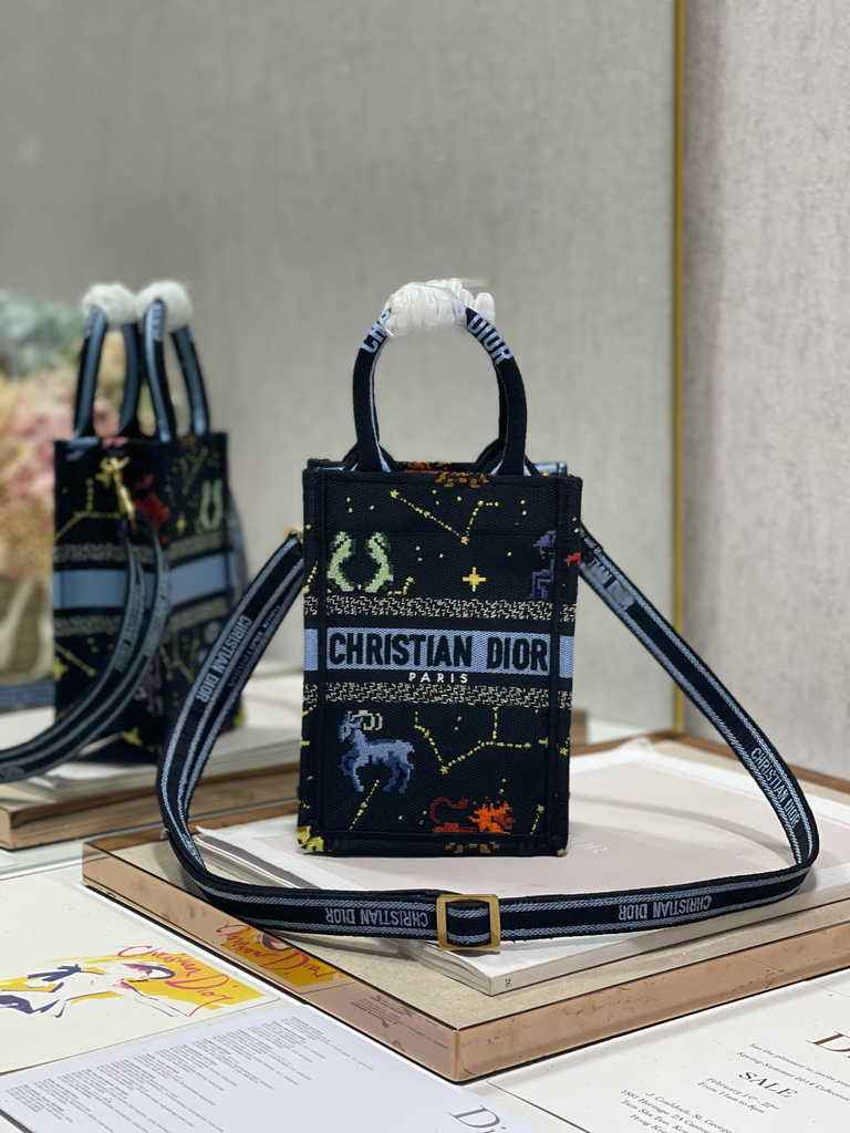 Mini Dior Book Tote Phone Bag S5555 Black Multicolor