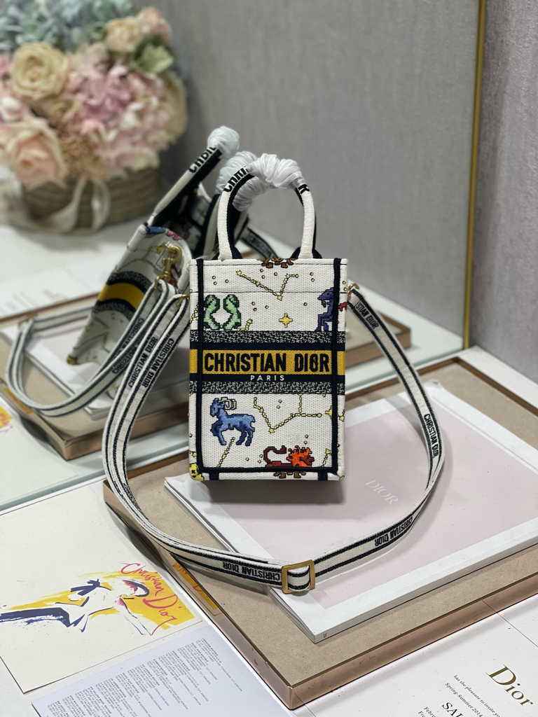 Mini Dior Book Tote Phone Bag S5555 White Multicolor