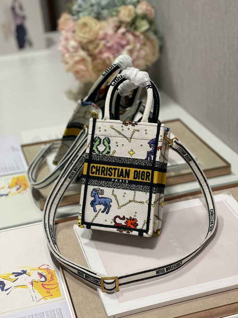 Mini Dior Book Tote Phone Bag S5555 White Multicolor