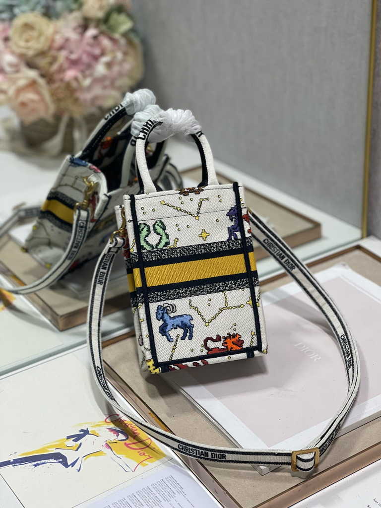 Mini Dior Book Tote Phone Bag S5555 White Multicolor
